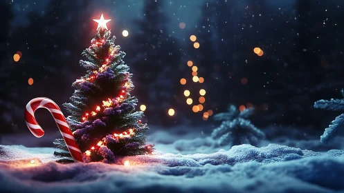 Snowy Christmas tree glows beside candy cane at night