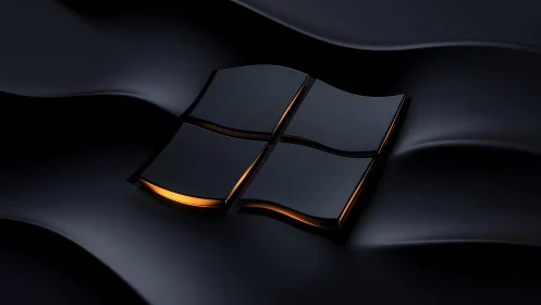 Sleek Black Windows Logo on Abstract Dark Waves, 3D Digital Art.