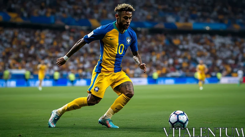 Brazil forward in yellow kit controlling ball on stadium pitch.