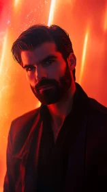 Male subject viewed in controlled red-orange studio lighting