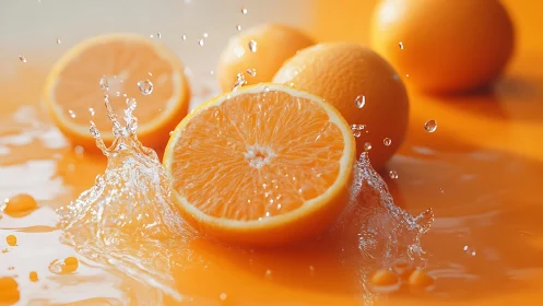 Orange halves with water splash on reflective surface.