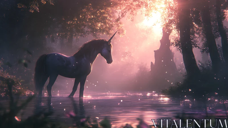 Ethereal unicorn stands in misty backlit forest shallows