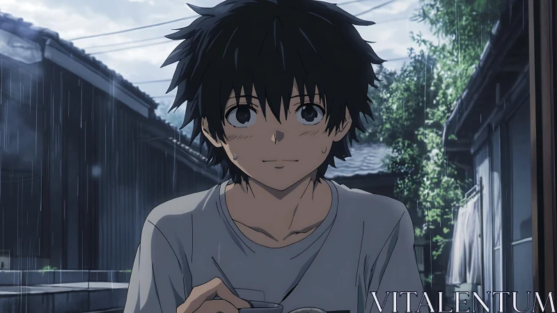 Animated boy sits outdoors under rainfall in narrow alley