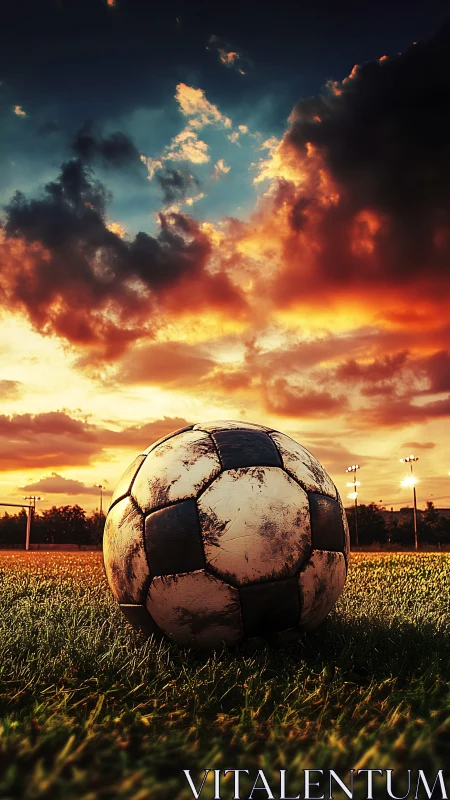 Weathered soccer ball on grass under dramatic sunset sky.