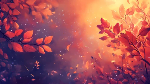 Glowing autumn leaves frame warm abstract twilight sky