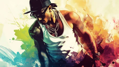 Dynamic hip-hop dancer rendered in vibrant digital splatter composition