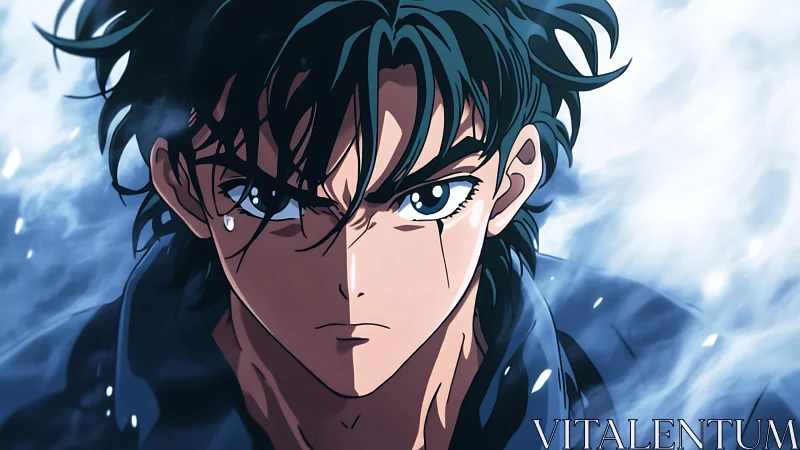 Storm-lit anime warrior with intense determined gaze.