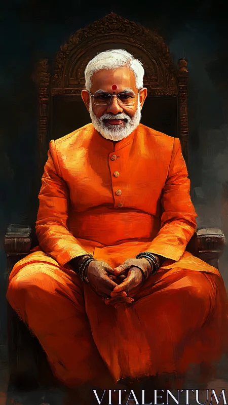 Chromatic seated elder in saffron attire on carved throne.