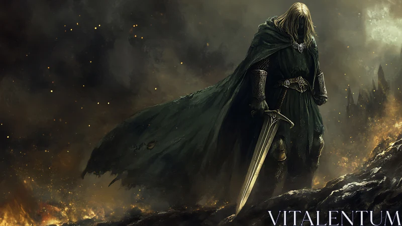 Armored wanderer with two-handed sword in emberlit wasteland.