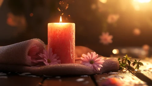 Spa candle glows beside pink daisies in warm sunset light.