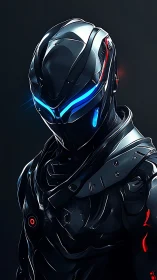 Neon visor sentinel in obsidian armor stares down midnight.