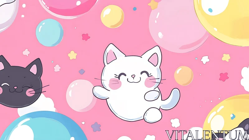 Bubble-bright kittens bounce through a cotton candy sky