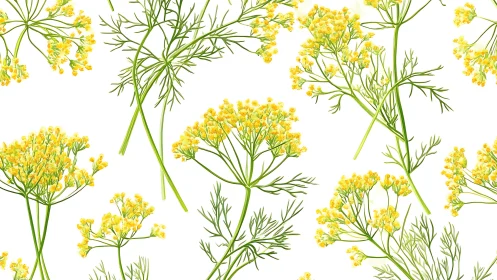 Yellow Fennel Flowers Pattern on White Background.