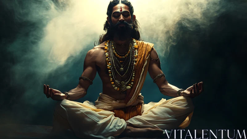 Ascetic yogi meditates in dramatic chiaroscuro studio lighting