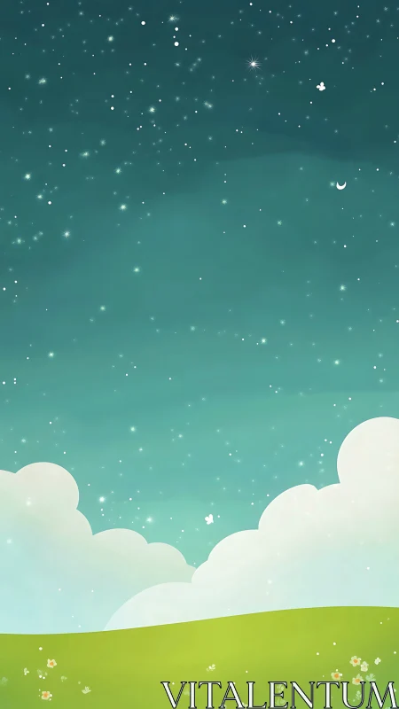 Digital night sky scene depicts grassy hill and cloud forms