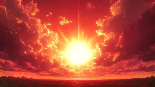 Blazing sunset engulfs horizon with radiant crimson clouds