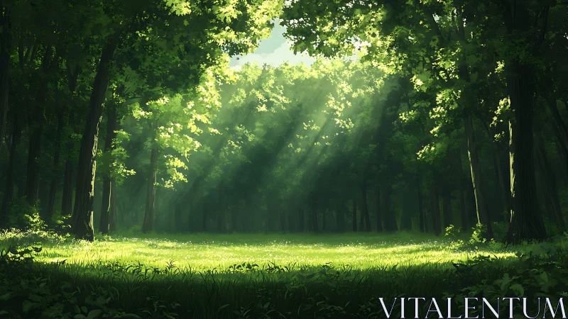 Sunlit Forest Clearing in Lush Greenery, Digital Art Style.