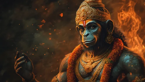 Regal monkey deity in firelit garlands and golden crown.