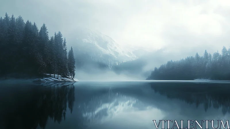 Misty mountain lake cradled by quiet snow kissed pines.