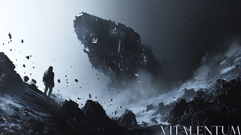 Solitary astronaut surveying derelict starship on icy asteroid