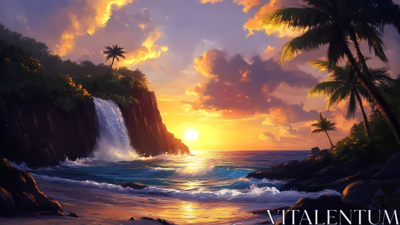 Tropical waterfall cove under vivid sunset sky glow.