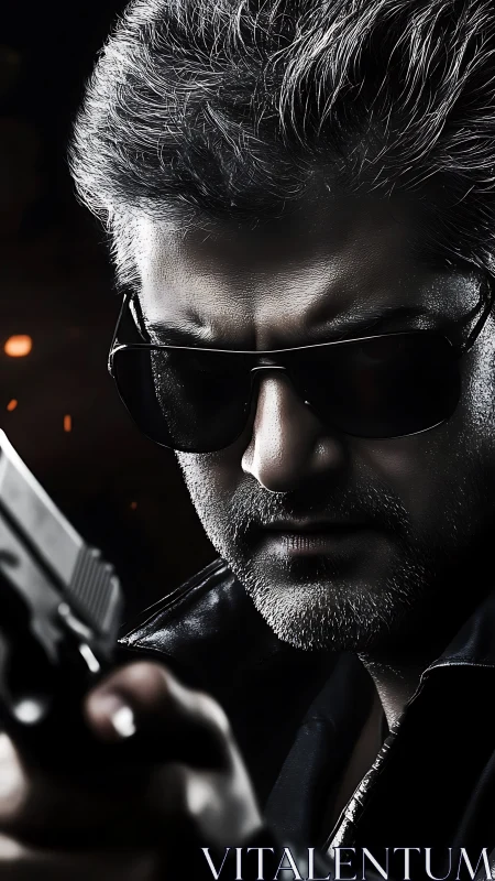 Steely gaze and silver hair meet midnight action mood.