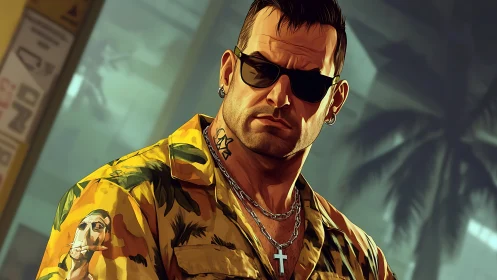 Tattooed tough guy in tropical shirt glares under neon haze