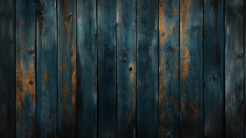 Weathered blue wooden boards with rustic copper warmth.