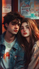 Two young people in warm lighting with artistic backdrop