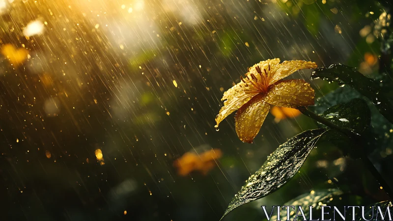 Golden Flower Backlit by Rainfall and Luminous Particles