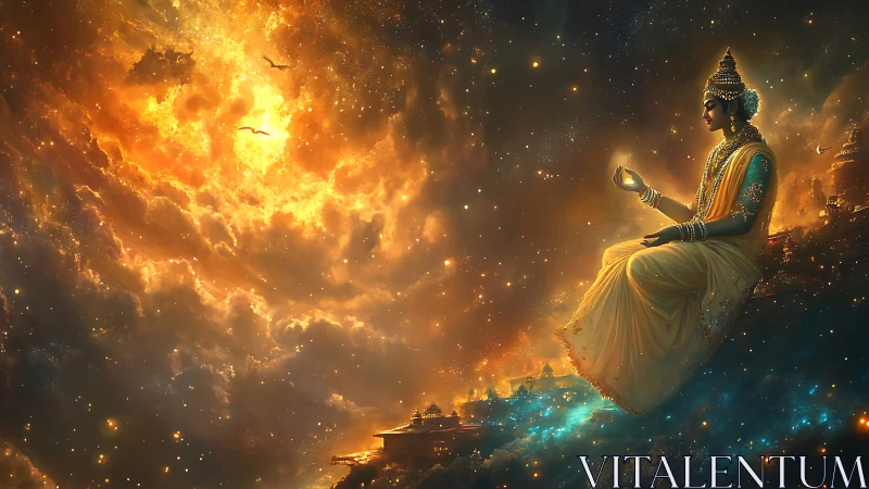Celestial deity poised above a radiant cosmic skyline.