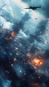 Urban coastal bombardment with aircraft and burning skyline.