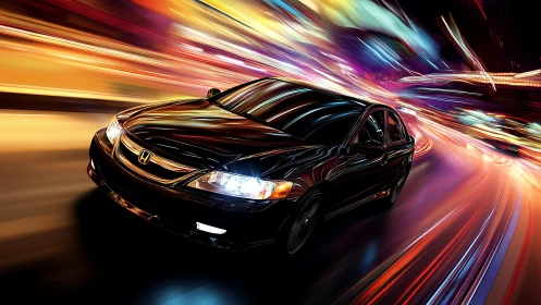 Midnight black sedan slices through neon speed trails.