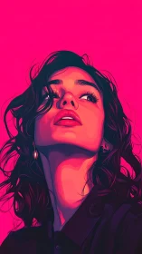 Neon magenta stylized portrait, low-angle female gaze upward