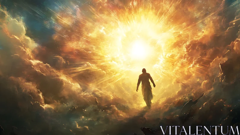 Pilgrim of light ascending through a roaring celestial sunrise.