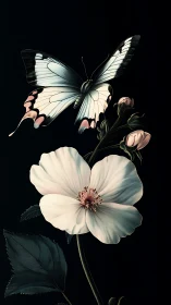 Botanical digital painting of white bloom and butterfly.