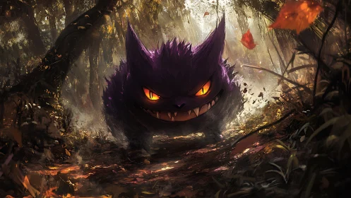 Purple creature with glowing eyes in dense forest path.