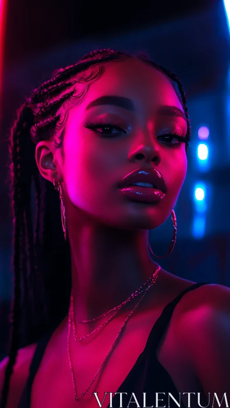 Neon-lit digital portrait of woman in vibrant magenta glow.
