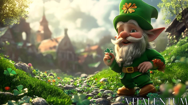 Small bearded character in green clothing walks on clover path