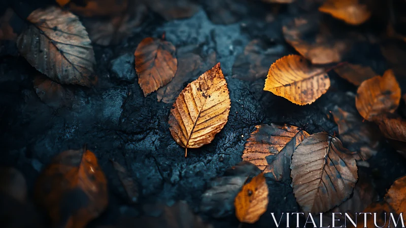 Solitary amber leaf glows boldly against midnight forest soil