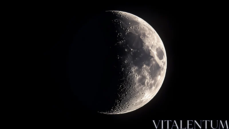 First quarter moon shows detailed craters against black space