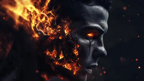 Fiery male portrait with half face burning into embers.