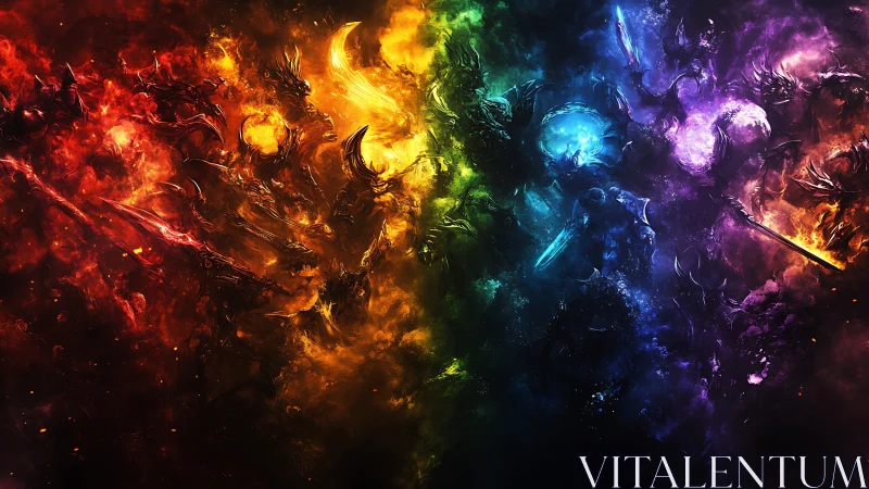 Elemental warriors in chromatic nebulae, radial digital painting.