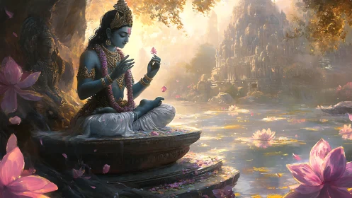 Blue-skinned figure meditates on lotus platform by river