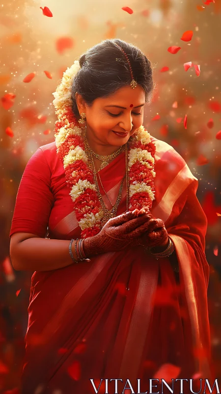 Graceful Indian bride in red saree under falling petals.