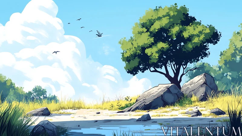 Sunlit riverside tree dreaming beneath towering cloud kingdoms.