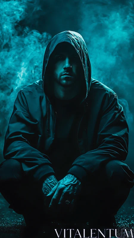 Hooded man crouches in teal fog with dramatic lighting
