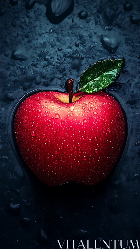 Red apple glistens under cool studio droplets. Period.