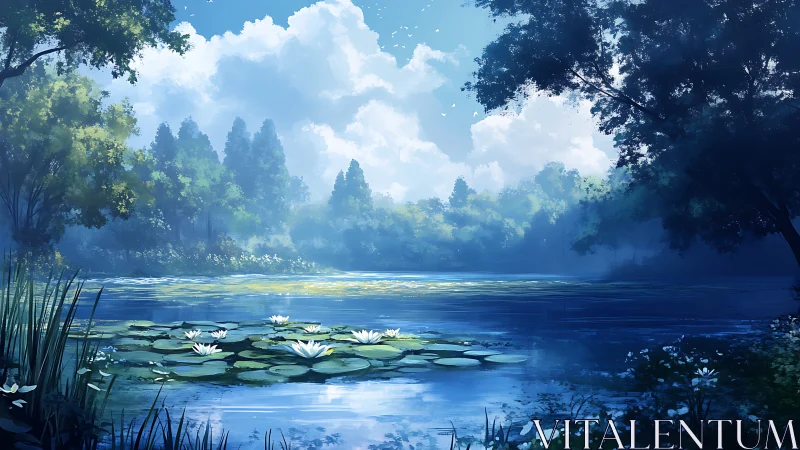 Lily-lit forest lake dreaming beneath drifting summer clouds.