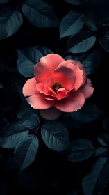 Coral Rose Bloom Against Dark Teal Foliage.